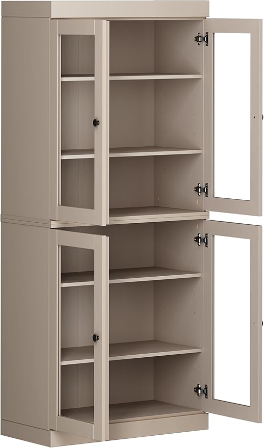 Palace Imports Solid Wood Bookcase - 6-Tier Tall Bookshelf, 71.5” H x 32” W - Beige, Clear Glass Cabinet Doors & Adjustable Shelves for Living Room, 100% Renewable Eco-Friendly Wood, Made in Brazil
