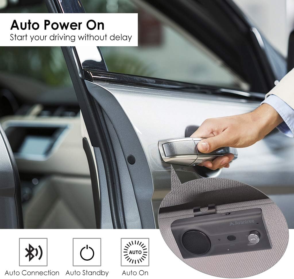 Avantree CK11 Hands Free Bluetooth 5.0 Car Kits, 3W Loud Speakerphone, Support Siri Assistant & Motion Auto On Off, Volume Knob, Wireless in Car Handsfree Speaker with Visor Clip - Titannium