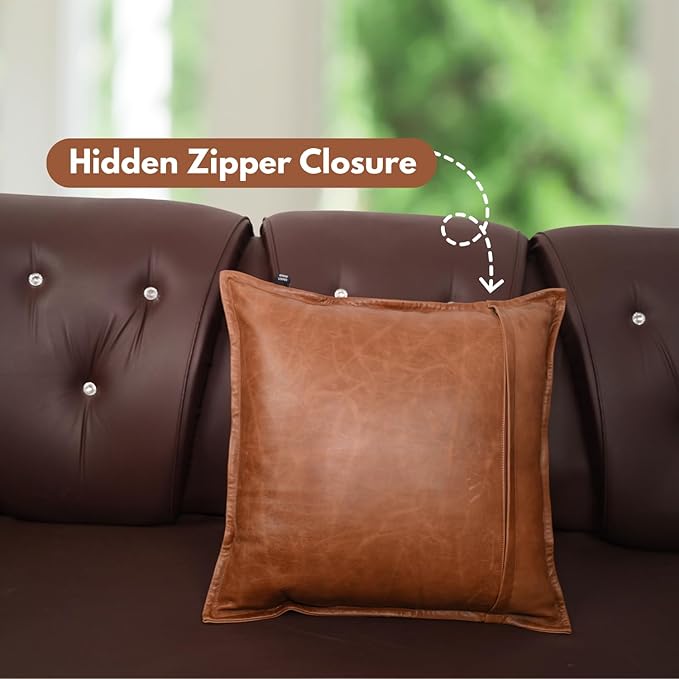 D DOLLY LAMB Lambskin Leather Pillow Cover - Sofa Cushion Case - Decorative Throw Covers for Living Room & Bedroom, 14x14 Inches - Tan Orange Box Pack of 1