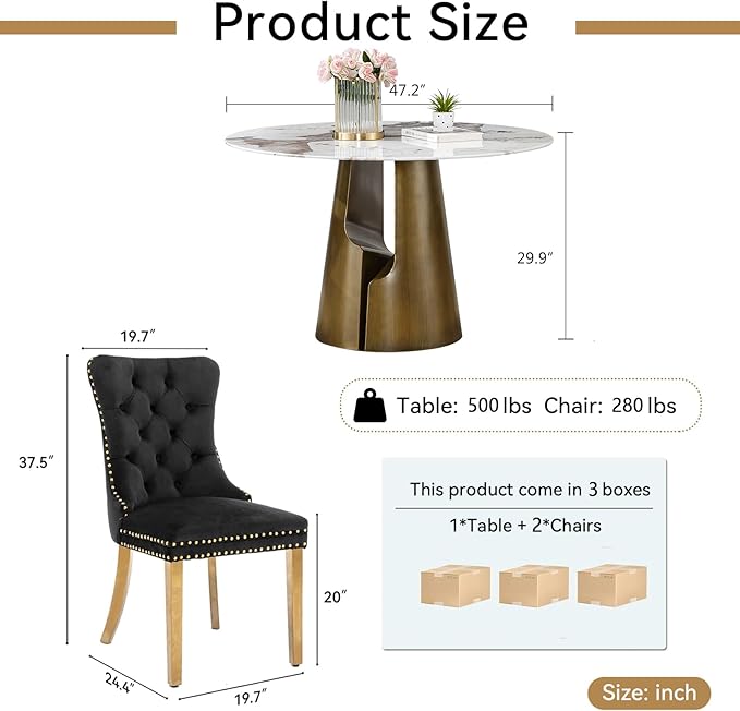 3-Piece Faux Marble Round Dining Table Set for 2, Modern Luxury Kitchen Table Set for 2 with Black Tufted Chairs,Circle Dining Tables with Pandora Grain Top and Bronze Pedestal Base