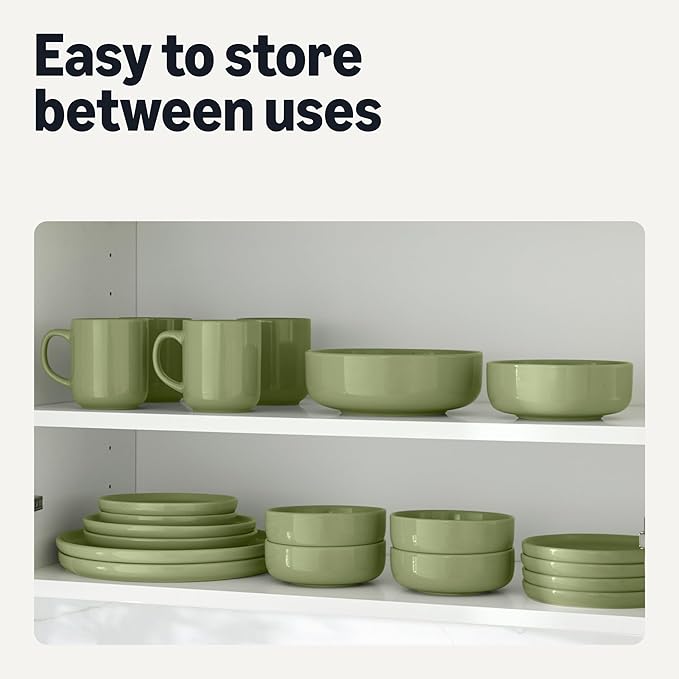 Amazon Basics Glazed Stoneware Dinnerware, Ceramic 12-Piece Set, 4 Full Place Settings, Dishwasher-Safe, Olive