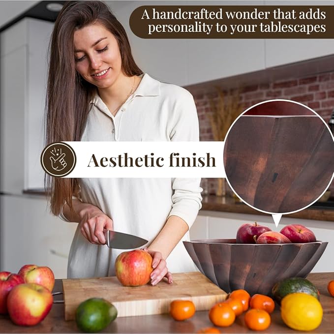 Folkulture Natural Ribbed Salad Bowl | 11” Large Mango Wood Serving Bowl for Salad, Fruit & Pasta | Decorative Wooden Bowl for Kitchen Island, Dining Table & Entertaining