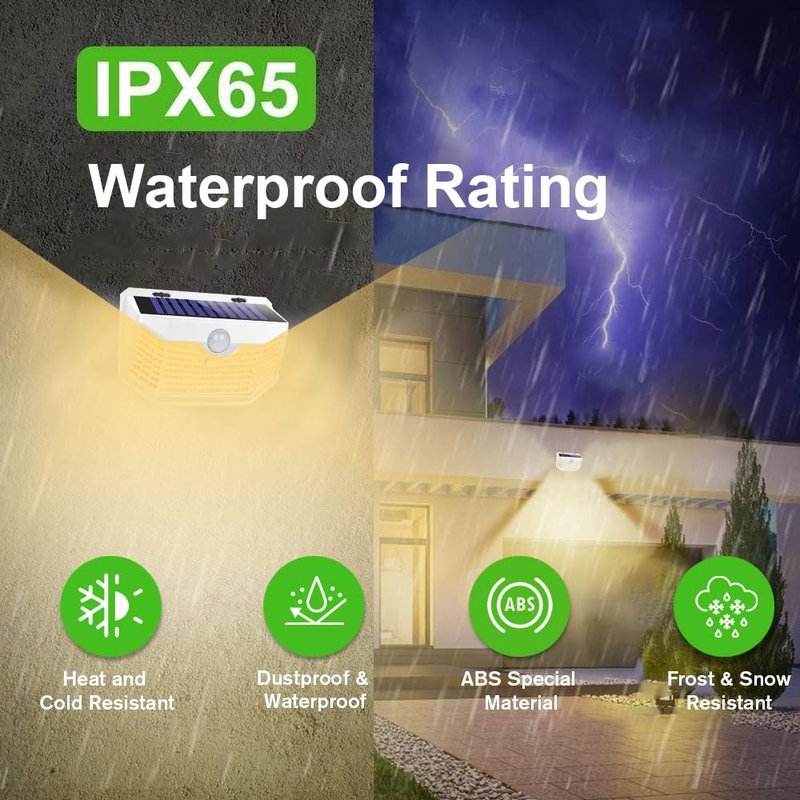 HMCITY 120 LED Solar Lights Outdoor with Motion Sensor and 3 Lighting Modes, IP65 Waterproof Wide Solar Wall Lights Ideal for Garden Patio Yard (Front Button 8Packs, White Shell-Warm White)