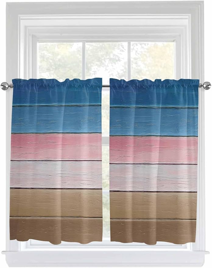 Blue Pink Brown Gradient Wood Grain Window Valance Curtains, Vintage Wood Board