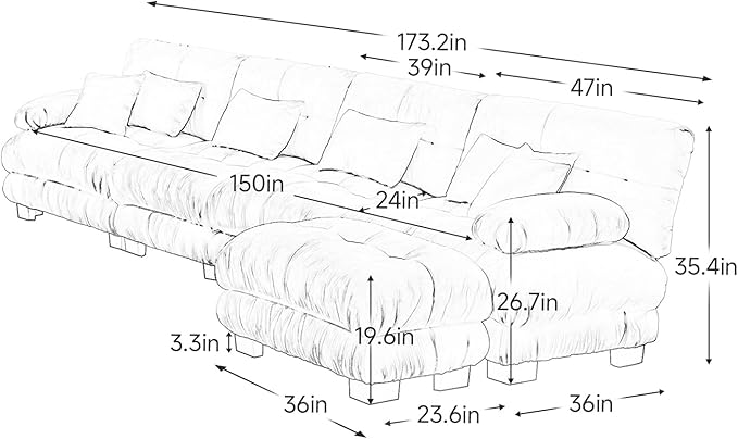 173.2" Oversized Couch, 4 Seater Modular Sectional Sofa, Green Large L Shaped Sectional Couches for Living Room, Fluffy Chenille Fabric Cloud Couch with Ottoman, Deep Seat Sofas