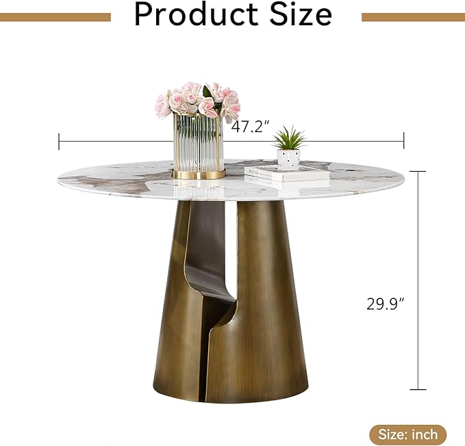 Round Faux Marble Dining Table Set for 4, Modern Luxury Kitchen Table for 4-6, Circle Dining Tables with Pandora Marble Grain Top and Bronze Carbon Steel Pedestal Base (1 Table Only)