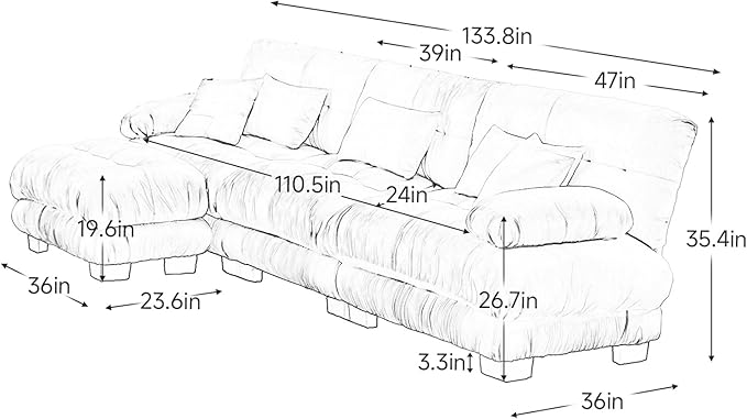 133.8" Oversized Couch, 3 Seater Modular Sectional Sofa, Beige Large L Shaped Sectional Couches for Living Room, Fluffy Couch Set, 3 Seater, Velvet Cloud Couches with Ottoman, Sofas for Living Room
