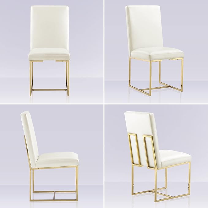 AUZ Dining Chairs Set of 6, White Faux Leather Dining Room Chairs with Gold Stainless Steel Sled Legs