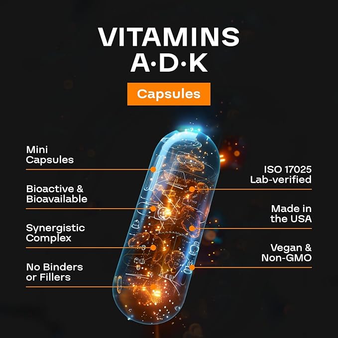 High Absorption ADK Vitamin Supplement - Vegan Vitamin D3 K2 MK7 & A for Calcium Regulation plus Bone Heart Thyroid & Immune Support - Vitamin ADK with 5000IU D3 Non GMO & Gluten Free (1 Months)