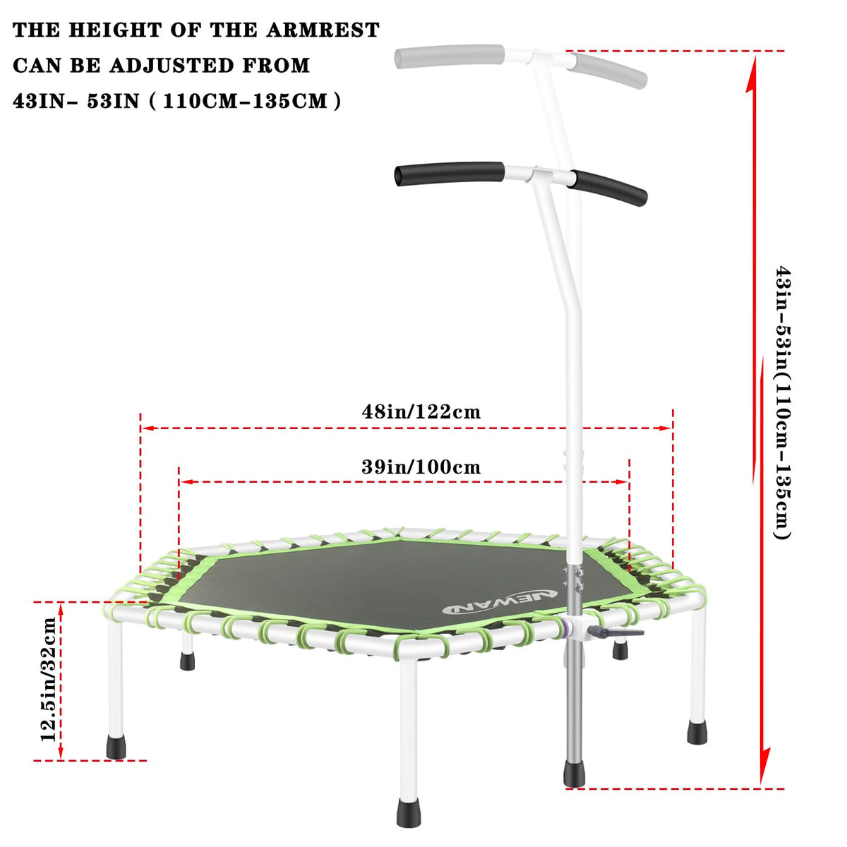 Newan 48'' Fitness Trampoline with Adjustable Handle Bar, Silent Trampoline Bungee Rebounder Jumping Cardio Trainer Workout for Adults - Max Limit 330 lbs
