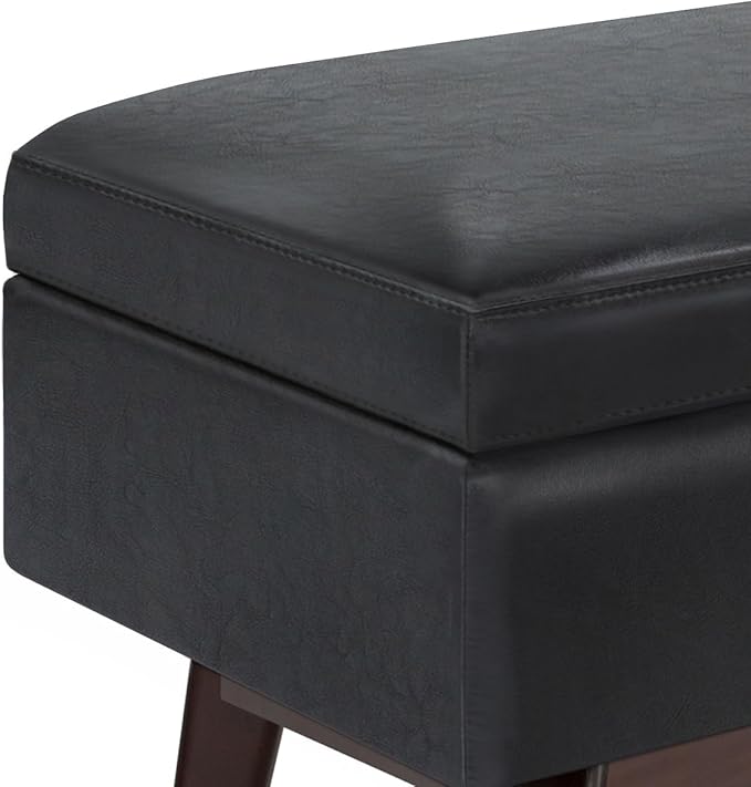 SIMPLIHOME Owen Rectangular Storage Ottoman - 48 inch Wide Upholstered Vegan Leather Lift-Top Ottoman in Midnight Black, Mid-Century Modern Ottoman for Living Room with Tufted Detail