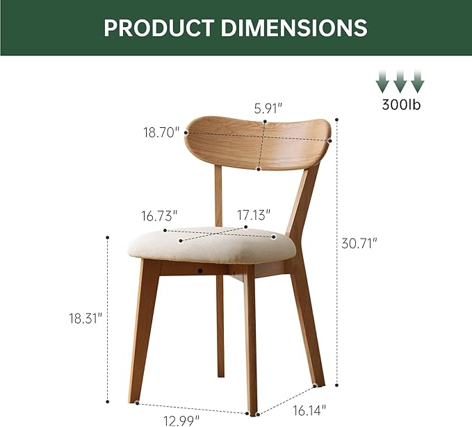 100% Solid Wood Upholstered Dining Chairs, Mid Century Modern Oak Dining Chairs with Curved Back Design with Butterfly Wing Shape for Kitchen, Dining Room, Restaurant (4PK, Log Color-Beige Cushion)