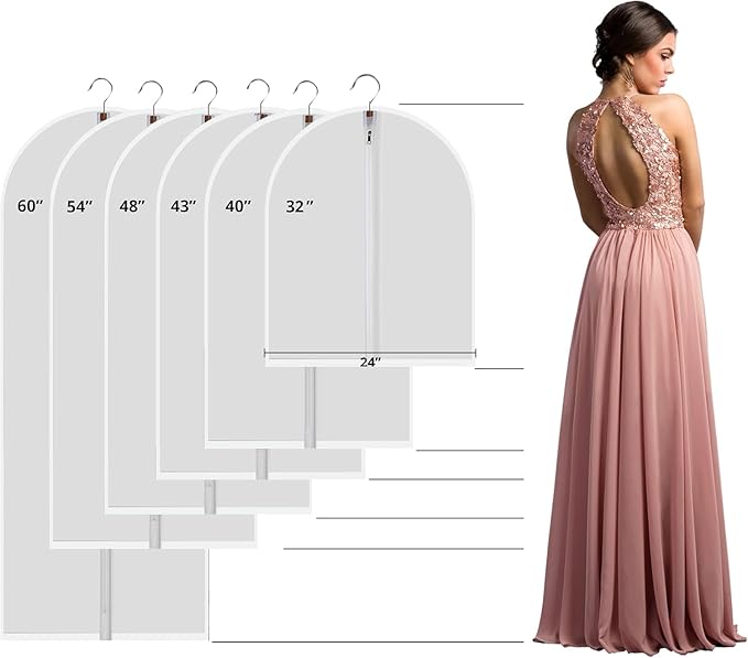MsKitchen 6 Pack Long Garment Bags (24x60") - Dustproof Gown Covers - Durable PEVA Hanging Bags with Sturdy Zipper for Maxi Dresses, Long Coats & Dance Costumes (Translucent)