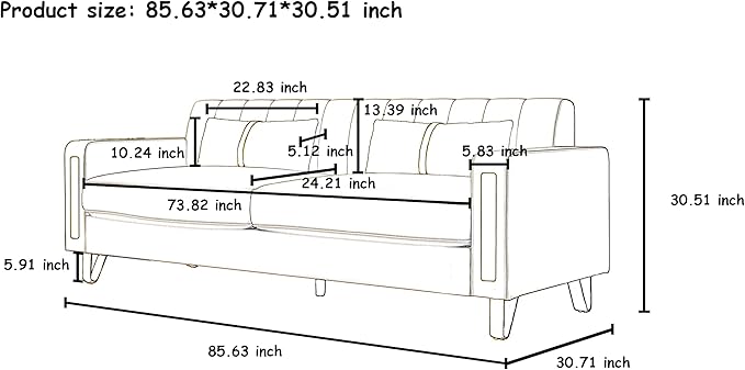 Couch 85.62" 3 Seats Sectional Velvet Fabric Sofa Easy Assemble Sofa Bed with 2 Couch Pillows,Gold Metal Legs for Living Room (P17, Green)
