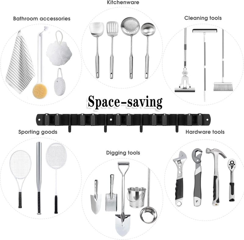 Black 5 Racks and 4 Hooks Mop and Broom Holder Wall Mount, Broom Organizer Storage Tool Racks Stainless Steel Heavy Duty Hooks Self Adhesive Solid Non-slip for Home Kitchen Garden Laundry Garage