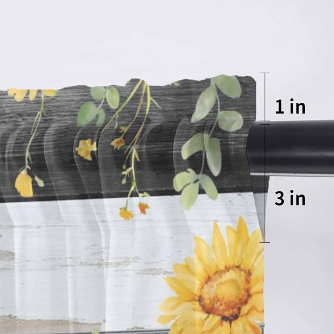 Summer Floral Sheer Valance Curtains, Watercolor Sunflower Eucalyptus Leaves