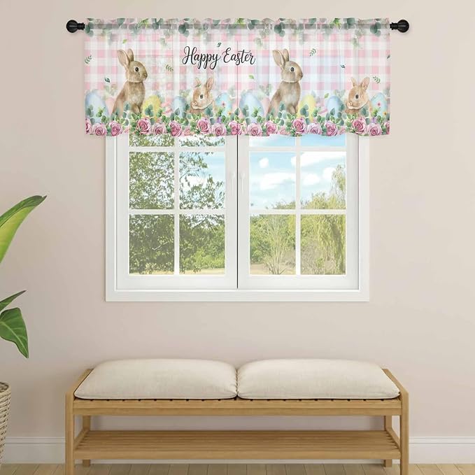 Easter Sheer Valances for Windows 42"x12", Light Filtering Kitchen Curtains