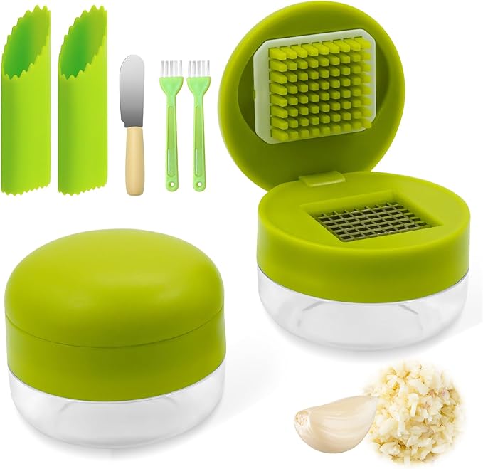2 Pcs Garlic Press Stainless Steel, Mini Garlic Chopper with Peeler, Cleaning Brush & Scrapers