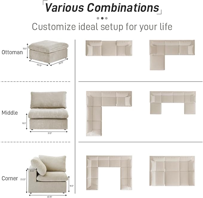 WJShome Cloud Modular Sectional Sofa,160.6" Down Filled 5 Seater Couch,V Shaped Oversized Convertible Sectional Sofa for Living Room,Covers Removable & Washable, Khaki
