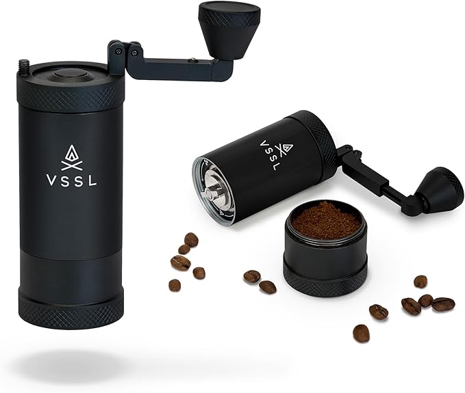 VSSL JAVA Manual Hand Coffee Grinder. 50 adjustable grind settings for Aeropress, French Press, Drip Coffee, Espresso with best-in-class stainless steel burrs. 20g capacity Black 6''