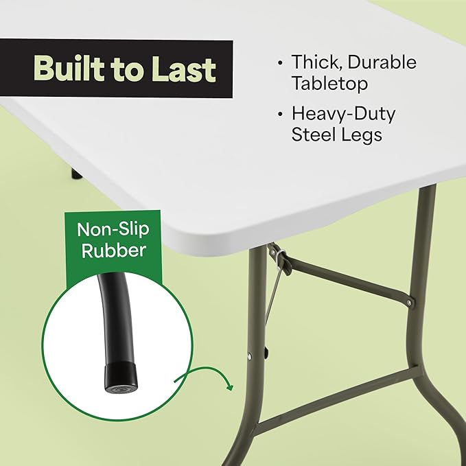EconoHome White 6ft Folding Table with Handle | Heavy-Duty Foldable Table | Portable Table for Indoor & Outdoor Use | Perfect for Events, Camping, Parties, Dining & More