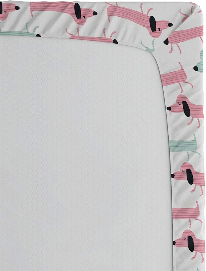 Ambesonne Dachshund Fitted Sheet, Pattern with Funny Cartoon Sausage Dogs, Bed Cover with All-Round Elastic Deep Pocket for Comfort, Full Size, Seafoam Pink