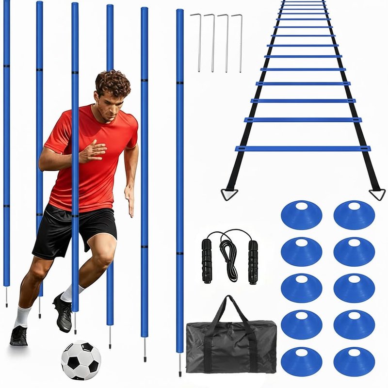 Soccer Agility Training Equipment Set - 6 Pro 59" Spliceable Agility Poles with Ground Spikes, 1 20ft Speed Ladder, 10 Soccer Cones, Jump Rope & Carry Bag for Youth Soccer & Football Drills (blue)