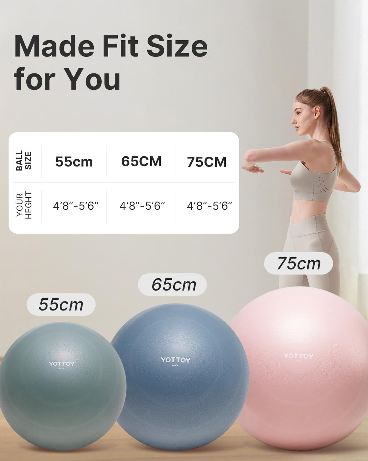 YOTTOY Exercise Ball for Working Out, Anti-Burst Yoga Ball for Pregnancy,Extra Thick Workout Ball with Electric Air Pump, pink