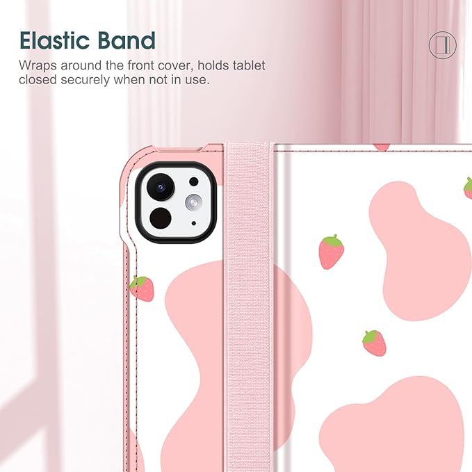 Fintie Folio Case for iPad Pro 11-inch (M5) 2025 / (M4) 2024 - Multiple Angles Viewing Stand Protective Cover with Pencil Holder & Pocket, Auto Wake/Sleep, Strawberry Cow