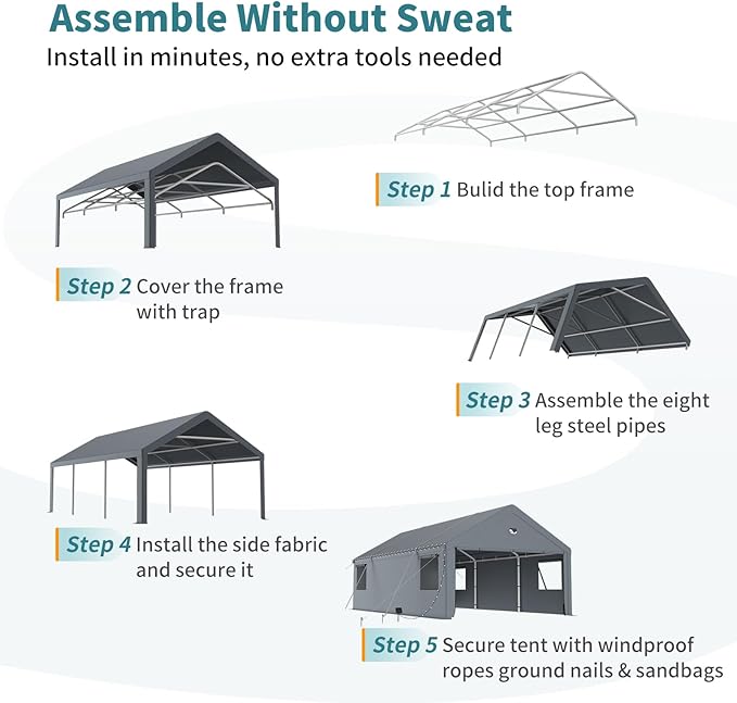 13x25FT Heavy Duty Carport Canopy,Extra Large Portable Car Tent Garage with Roll-up Windows and All-Season Tarp Cover,Removable Roof &Side Walls for Car, SUV,Boats&Truck Shelter Logic Storage