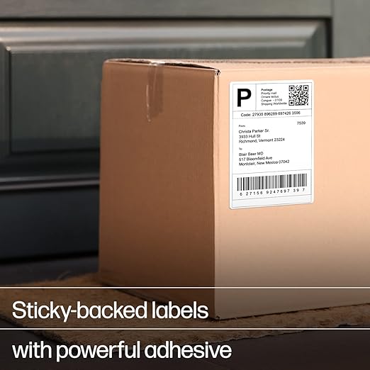 HP 4'' x 6'' Direct Thermal Shipping Labels, 2 Rolls 250 Sheets per Roll, Multipurpose Thermal Labels for Personal or Business Use, Compatible with HP and Other Thermal Label Printers, White