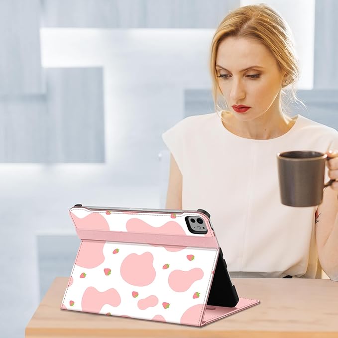 Fintie Folio Case for iPad Pro 11-inch (M5) 2025 / (M4) 2024 - Multiple Angles Viewing Stand Protective Cover with Pencil Holder & Pocket, Auto Wake/Sleep, Strawberry Cow