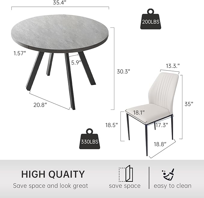 34.6'' Round Dining Table and Chairs for 4, Mid Century Modern Round Table Set, Space Saving for Apartment Kitchen Dining Room (Grey Table+4 White Chairs)
