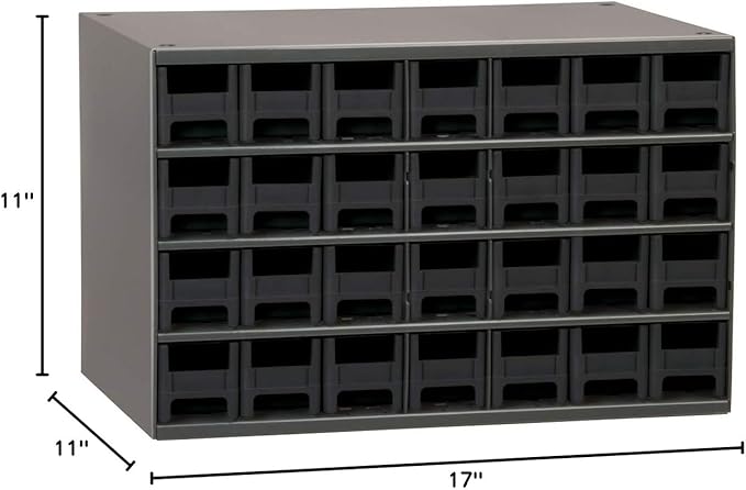 Akro-Mils Steel Garage Storage Cabinet, Small Parts Organizer Metal Cabinet for Hardware, Nails, Screws, Bolts, Nuts, and More, 17" W x 11" D x 11" H, 28-Drawer, Gray Cabinet/Black Drawers (19228)