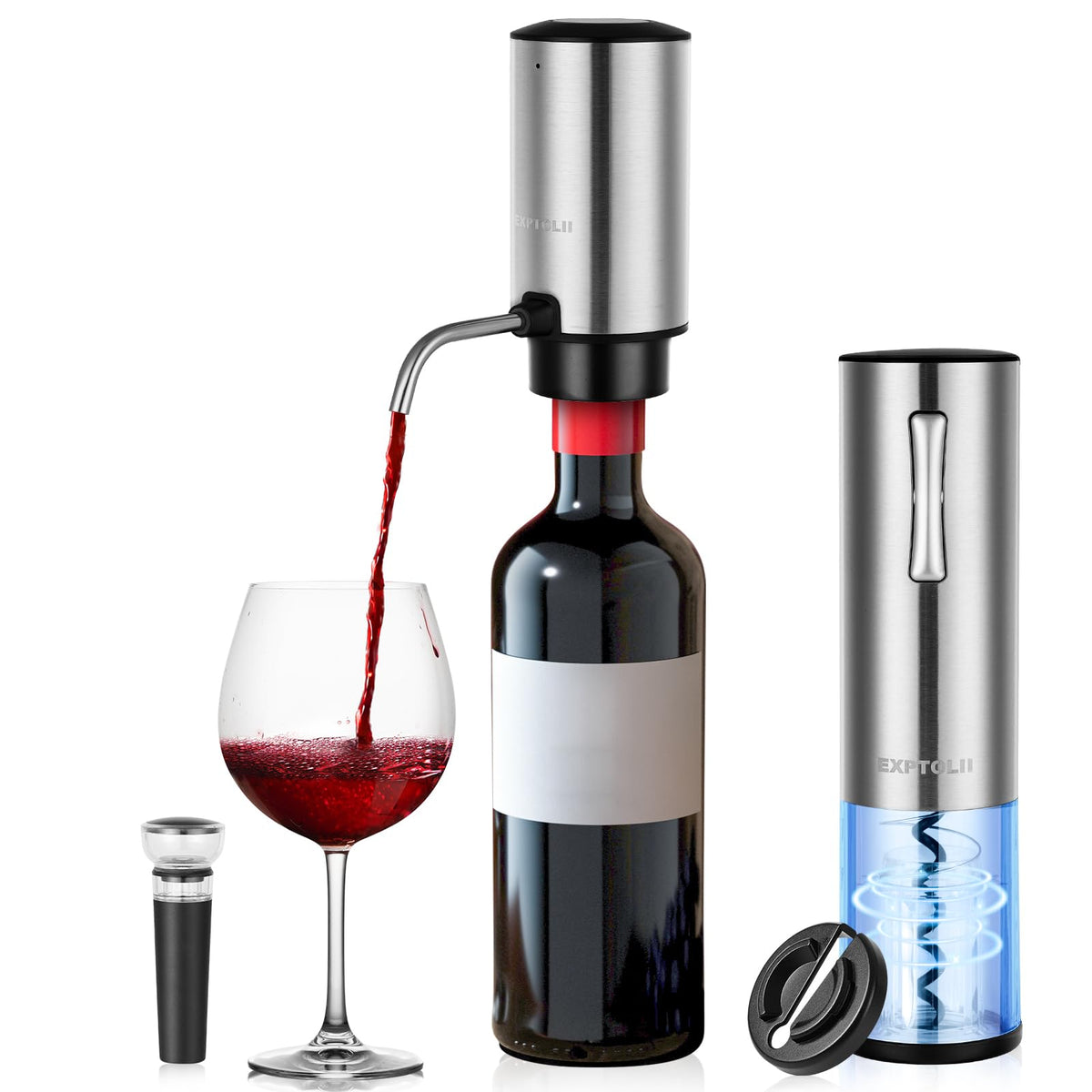 Electric Wine Opener Set with Charging Base, Rechargeable Automatic Corkscrew Bottle Opener with Pour, Preserver Vacuum Stopper, Foil Cutter, USB Charging Cable