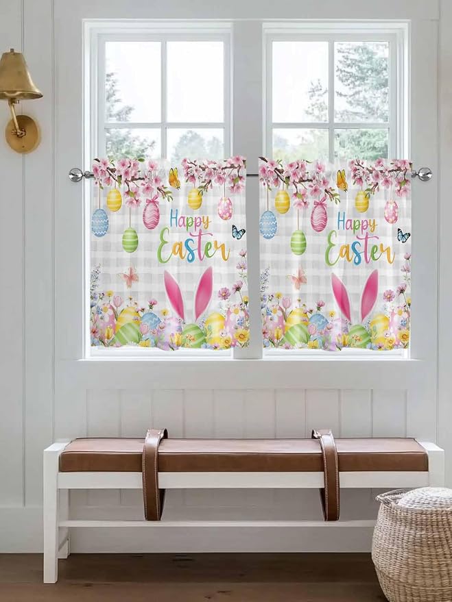 Happy Easter Half Window Curtains 24 Inches Long, Spring Watercolor Bunny Eggs