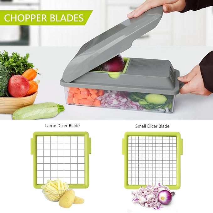 LHS Veggie Chopper with Container, 9 in 1 Manual Food Chopper Cutter, Grey