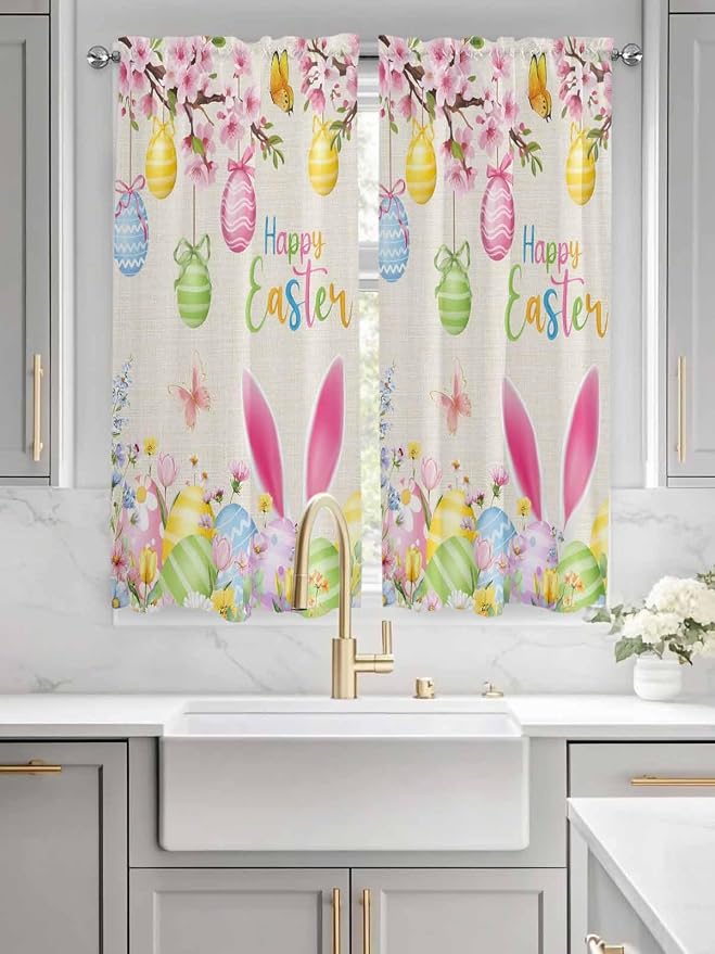 Happy Easter Bedroom Curtains 63 Inches length, Spring Farmhouse Bunny Eggs
