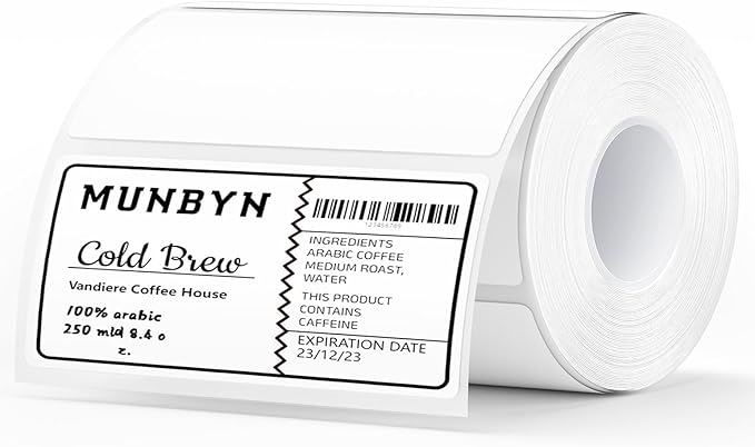 MUNBYN 4” X 2” Direct Thermal Labels, Thermal Printer Stickers, Strong Adhesive & Perforated Labels Paper for Barcode, Mailing, 500 Sheets/1 Roll，White