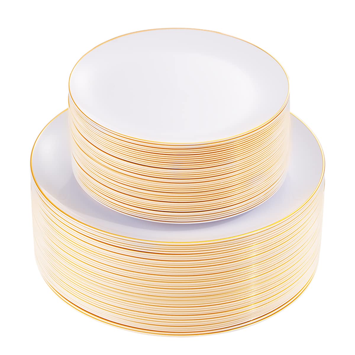 KIRE 200PCS Gold Plastic Plates - Disposable Plates for Party - White Plastic Plates with Gold Rim Include 100 for Dinner and 100 for Dessert/Salad in Wedding/Party/Summer