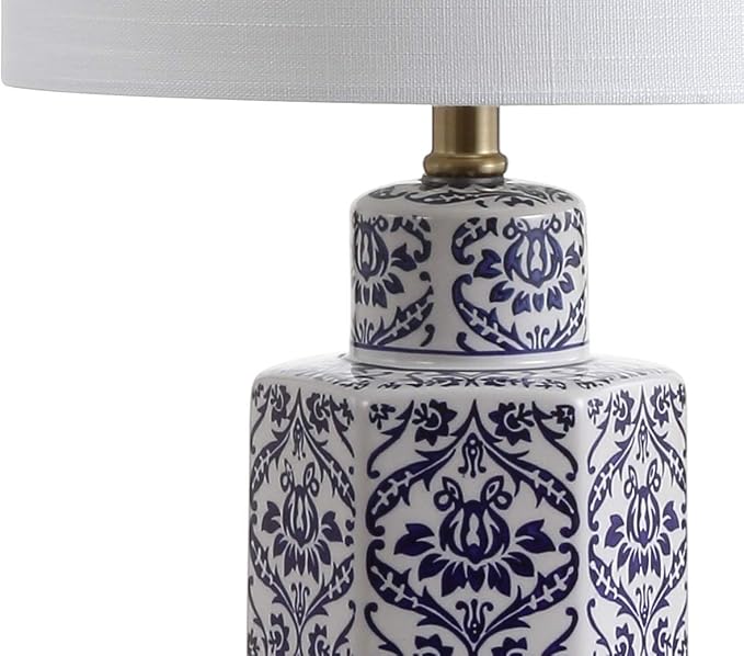 JONATHAN Y 23.5" Blue/White Traditional Ginger Jar Ceramic LED Table Lamp, Hexagonal Damask Pattern with White Linen Shade and Brass Accents, LED Bulb Included JYL3050A