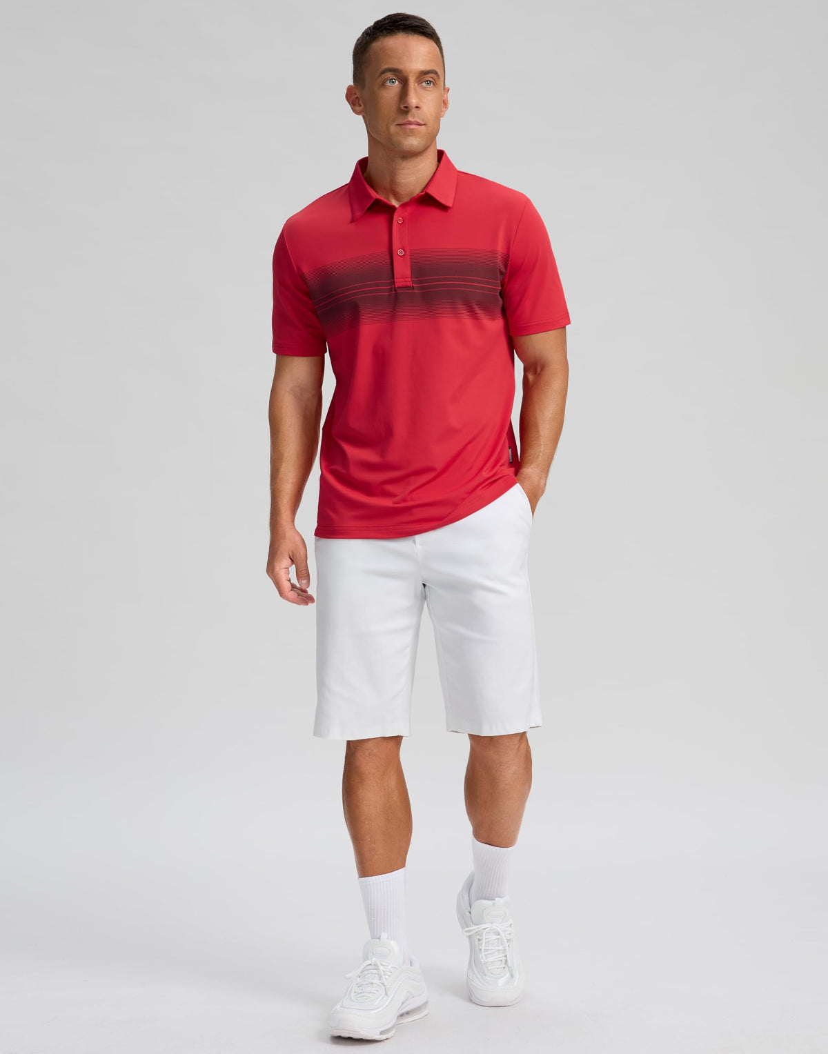 Men's Golf Shirts Dry Fit Moisture Wicking Performance Short Sleeve Collared Polo Shirts for Casual Tennis Bussiness (Red Stripe, XL)
