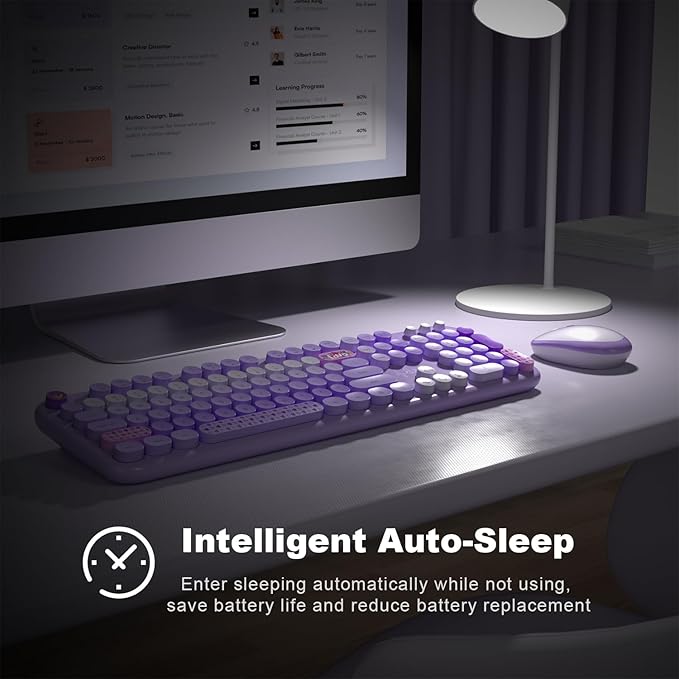 Wireless Keyboard and Mouse Combo, MOWUX Full Size Typewriter Retro Round Computer Keyboard, Cute Optical Mouse Wireless, Plug and Play, for Laptop, PC, Computer- Purple Heart