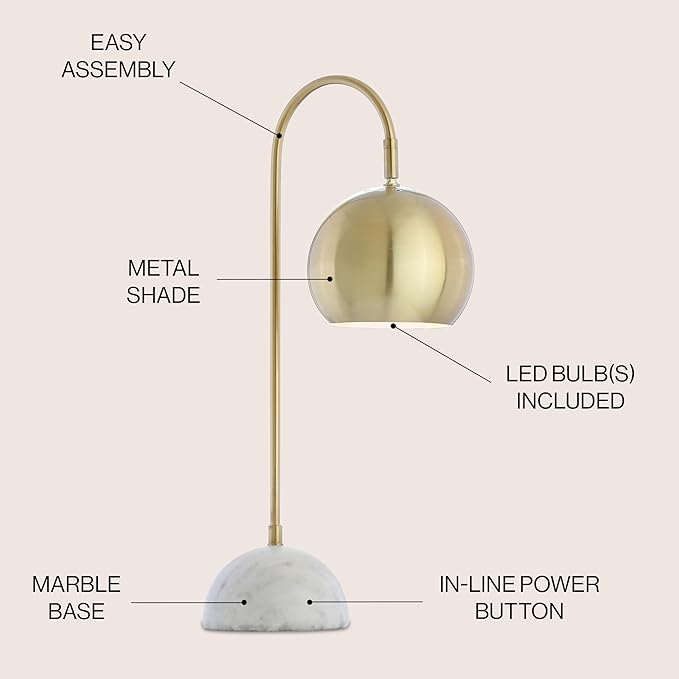 JONATHAN Y 23.5" Brass Gold and White Stephen Metal and Marble LED Table Lamp, Modern Arched Task Lamp for Living Room Bedroom Office, LED Bulb Included JYL6000A