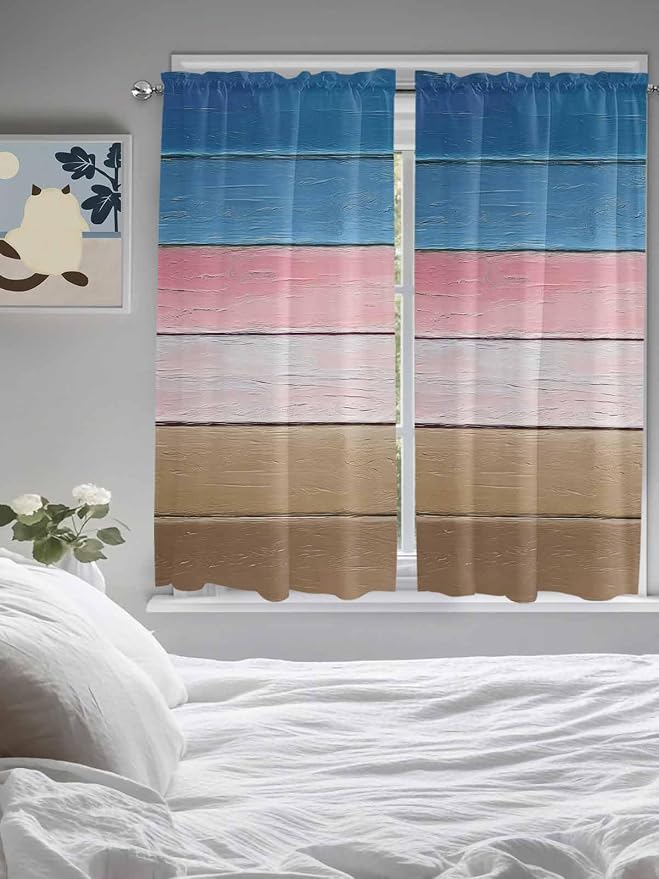Blue Pink Brown Gradient Wood Grain Window Valance Curtains, Vintage Wood Board