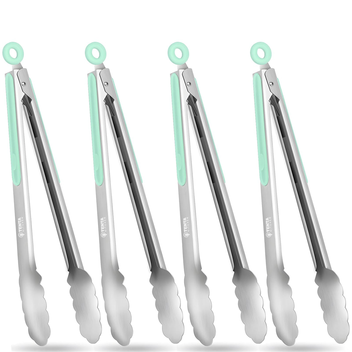 Tongs for Cooking, 9-Inch Stainless Steel Kitchen Tongs, Locking Metal Food Tongs with Silicone Non-Slip Grip, Kitchen Utensils for Food, Salad and Outdoor BBQ (Set of 4)