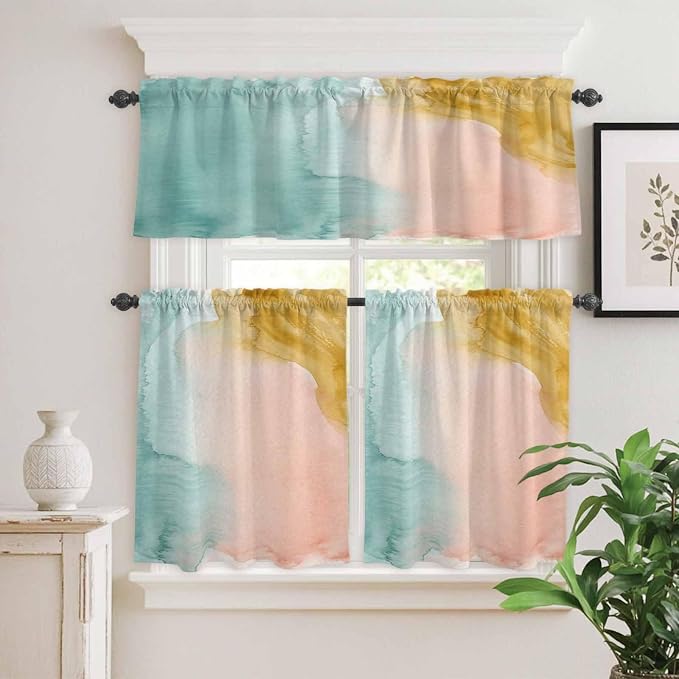 Kitchen Window Curtains Valance and Tier Set, Abstract Desert Mountains Rod