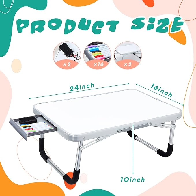 Suzile 2 Pcs Lap Desk with Dry Erase Board, 24"x16" Foldable Study Table with Storage Drawer, Markers & Eraser, Portable Learning Desk for Homeschool, Homework & Drawing, Writing, School Supplies