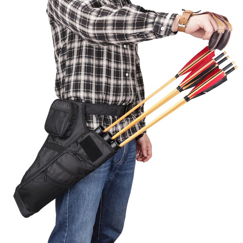 KRATARC 3-Tubes Hip Quiver Waist Hanged Arrow Archery Carry Bag with Pockets Adjustable Belt (Black) (Camo)