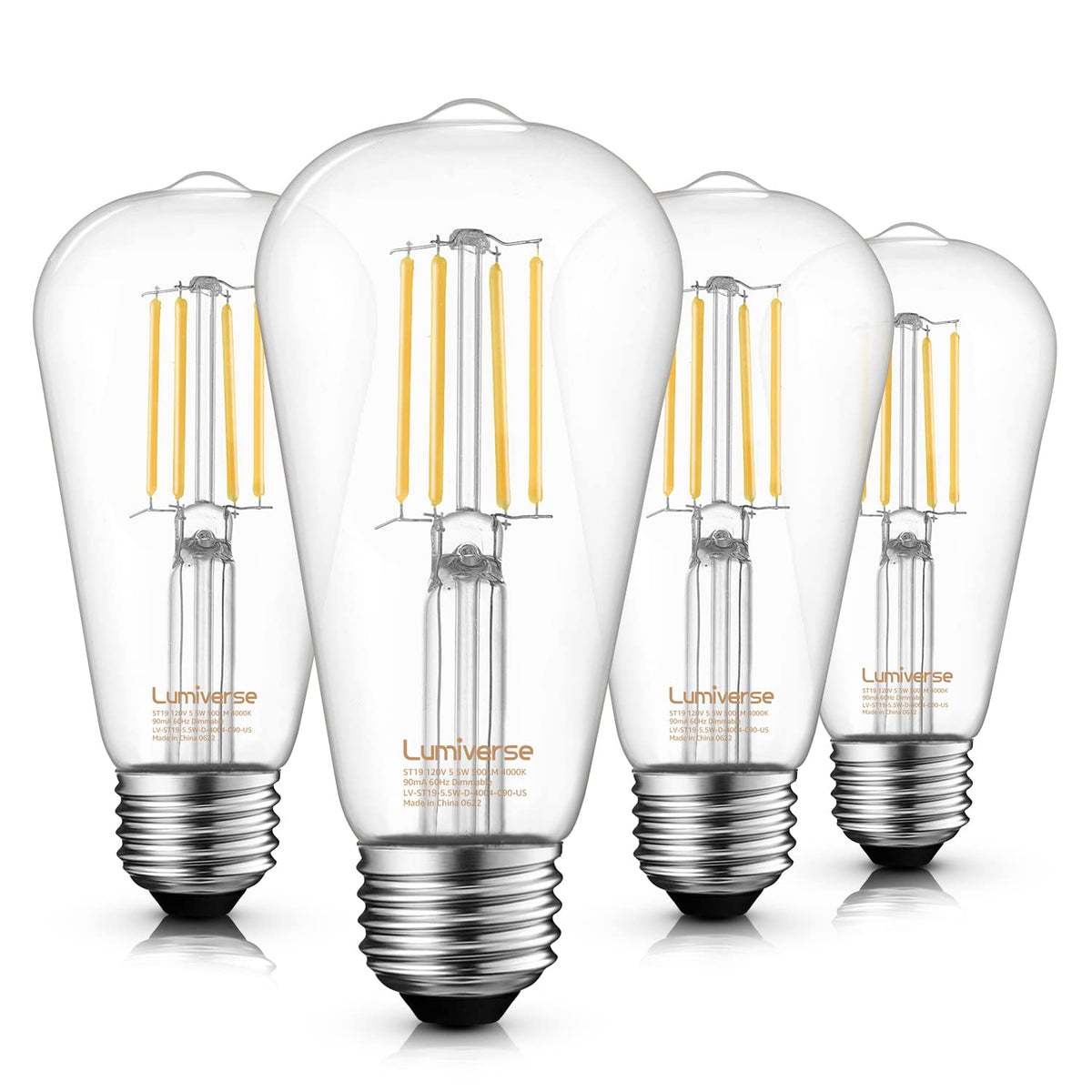 ST19 Dimmable LED Edison Bulb, 5.5W (60W Equivalent) 500LM CRI 95+, 4000K Cool White, E26 Medium Base Vintage Filament, Clear Glass, Standard Type A Lamp for Kitchen, Bathroom, Bedroom, 6 Pack